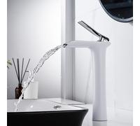 ISCBAFYX Basin Mixer Tap Bathroom Sink Taps Basin Tap Waterfall White + Chrome 1 Hole Single Lever Bathroom-Tall Lavatory Sink Faucet