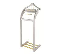 ISCBAFYX Elegant White Solid Wood Suit Rack - Men's Clothes Hanger with Contour Hangers Trouser Bar Tie & Belt Hooks Shoe Rack - Stylish Valet Stand for Coats & Pants nization