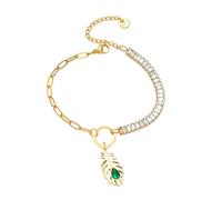 ISCBAFYX Emerald Green Feather Pendant Necklace Asymmetric Chain Bracelet Set Boho-Chic Jewelry Women Minimalist Accessories