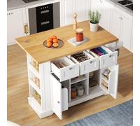 ISCBAFYX Farmhouse Kitchen Island on Wheels 132cm Foldable Countertop Spice Rack Drawer Towel Holder 5 Wheels Integrated - Perfect for Small Spaces and Versatile Cooking!