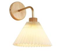 ISCBAFYX French Retro Wall Sconce Bedside Wall Lamp with Wooden Base Pleated Shade and Metal Arm Wall Light 1-Light Fixture for Bedroom Living Room Study Restaurant Office