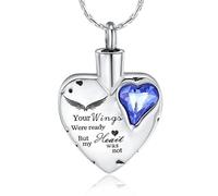 ISCBAFYX jewelry Heart Cremation Urn Necklace for Ashes Memorial Jewelry Crystal Pendant Keepsake Your Wings were Ready But My Heart was Not-Blue jewelry