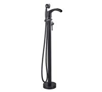 ISCBAFYX Matte Black Floor Mount Bathtub FaucetStylish Single Handle Brass Tub Filler with HandhelShower & Waterfall Spout for Luxurious Bathrooms