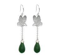 ISCBAFYX S925 Sterling Silver Retro Inlaid Natural Jasper Ethnic Orchid with Long Earrings, Earrings(Colour Name:Jasper Size Name:925 silver)