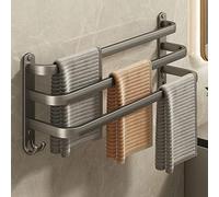 ISCBAFYX Self-Adhesive Towel Holder, No Drilling 3-Tier Wall-Mounted Rack with Hooks for Bathroom & Kitchen, Grey Guest Towel, Space-Saving