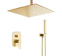 ISCBAFYX Shower System, Brushed Gold Bathroom Brass 10-12 Inch Ceiling Mount Rain Mixer Rainfall Shower Faucet System Combo Set, Luxury Shower Set (10 Inch)