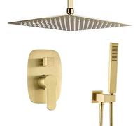 ISCBAFYX Shower System, Brushed Gold Bathroom Brass Ceiling Mounted 10-12 Inch Rainfall Shower Faucet System Mixer Set with Handheld Shower, Luxury Shower Set,10 inch