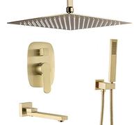 ISCBAFYX Shower System, Ceiling Mount Brushed Gold Bathroom Brass Ceiling 10-12 Inch Rainfall Shower Faucet System Mixer Set with Tub Taps, Luxury Shower Set,12 inch