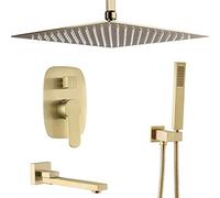 ISCBAFYX Shower Systems, Bathroom Brass Brushed Gold 10-12 Inch Ceiling Rainfall with Head Handheld Shower Faucet System Mixer Set, Luxury Shower Set (10 Inch)