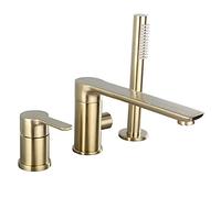 ISCBAFYX Split Bathtub Faucet, All Copper Brushed Gold Basin, Three Or Four Hole Hot and Cold Water Mixer Tap, 360°Rotation Bathroom Set with Portable Shower,A(A)
