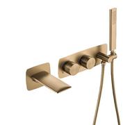 ISCBAFYX Stylish Wall-Mounted Gun Gray Brass Bathroom Faucet Two-Handle Waterfall Bathtub Tap Hot & Cold Control Brushed Gold Finish for Bathrooms