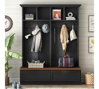 ISCBAFYX Versatile 56'' Hall Tree with Wood Grain Bench 2 Storage Drawers 6 Hooks Entryway nizer Coat Hanger Open Compartments for Living Room and Hallway (Black-Dark)