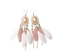 ISCBAFYX Vintage Ethnic Style Feather Earrings -Oval Two-Tone Bohemian Tassel Feather Earrings,Exaggerated Large Statement Feather Curved Needle Earrings ui