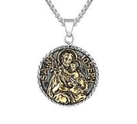 ISCBAFYX Vintage Virgin Mary and Child Steel Pendant Necklace Religious Faith Jewelry Unisex Stainless Steel Medallion