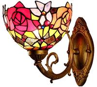 ISCBAFYX Wall Lamps Sconces Industrial Style Wall Lights, Style Stained Glass Pink Roses Wall Light, Vintage Creative Baroque 1-Light Lighting Fixtures 8 Inch Lampshade, Bedroom Bedside
