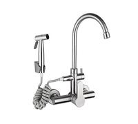 ISCBAFYX Wall Mount Faucet 304 Stainless Steel Brushed Hot and Cold Kitchen Faucet 360 Degree Rotation Double Hole with Spray Mixed Sink Faucet