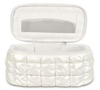 iscream Zippered, Fully Lined 10.5" x 4.75" Train Case Style Puffy Quilted Cosmetic Travel Bag, Pearl White