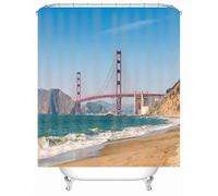 Isdreem Window Shower Curtain Waterproof Fabric Curtains Seaside Bridge Mountain Hooks Decorative Farmhouse Bathroom Tub Blue 200x180cm