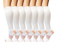 Iseasoo 7 Pack Copper Knee High Compression Socks for Men & Women-Best for Running,Athletic,Medical,Pregnancy and Travel -15-20mmHg (S/M, White)
