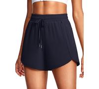 ISEE 5" Women's Running Shorts Elastic Quick Dry Athletic Sporty Gym Workout Shorts with Zipper Pockets for Summer Navy