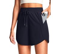ISEE 7" Women's Running Shorts Elastic Quick Dry Athletic Sporty Gym Workout Shorts with Zipper Pockets for Summer Navy