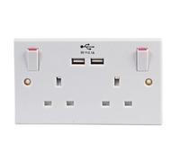 iSeventy9 Double Wall Plug Socket 2 Gang 13A with 2 USB Charger Port Outlets Plate White