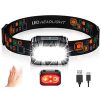 ISEYOU Head Torch Rechargeable, Super Bright Lightweight Headtorch with Red Warning Lights, Motion Sensor Control, 5 Light Modes, 26 Hrs Runtime IPX4 Waterproof Headlamp for Running, Hiking