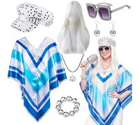 iSharely 7Pcs 70s Fancy Dress for Women, Disco Costume Accessories Set | Pop Poncho Wig Sequin Hat Glasses Earrings Necklace Bracelet for Retro 1970s Theme Party Halloween Dance Dress Up