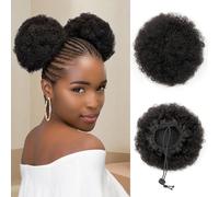 ISHEENY Ponytail Extension Human Hair Black Messy Bun Hair Piece For Girl, Women Large Afro Puff Hair Bun 1 Pcs Short Afro Kinkys Curly Afro Bun Drawstring Hairpieces Updo Hair Extensions