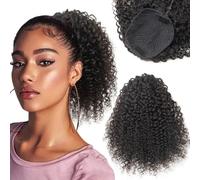 ISHEENY Ponytail Extension Natural Black 25 cm Real Hair Ponytail Hairpiece Hair Extension with Drawstring Long Wig Natural Afro Kinky Curly Ponytail for Braid for Women