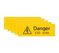iSigns Warning Signs (Danger 230 Volts) Pack of 5, Rigid and Engraved Danger Sign, 75x25mm, Easy to Apply Self-Adhesive High Voltage Sign, British HSE Standards Approved