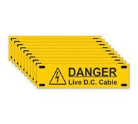 iSigns Warning Signs (Danger Live DC Cable), Pack of 10 Tags, 75x20mm, Durable Electrical Warning Labels, Easy to Install Live Cable Sign, British HSE Standards Approved