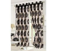 Isla Poppy and Seren Floral Pattern Luxury Curtain Pairs Fully Lined Eyelet Top Curtains With Matching Tie Backs (Isla Poppy Black, 90" x 72")