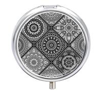 Islam, Arabic, Indian, Ottoman Motifs Tribal Mandala Floral Flower Iron Pill Box Case Organizer with Internal Separate Plastic Dividers, Travel Small Medicine Bag Holder Carrier Round Container