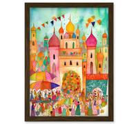 Islam Eid Al-Fitr Feast Folk Art Watercolour Painting Artwork Framed Wall Art Print A4 Artery8 Brown One Size