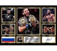 Islam Makhachev Signed Poster Print - UFC Lightweight Champion Tribute Collage Wall Art with Signature & Career Highlights - MMA Memorabilia for Fans and Collectors, A4 Poster + Black Frame