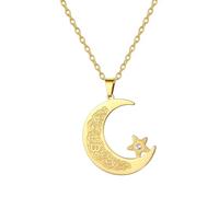 Islamic Ayatul Kursi Necklace Muslim Crescent Moon and Star Pendant Arabic Calligraphy Allah Amulet Religious Jewelry Eid Ramadan Gift for Women Men (gold)