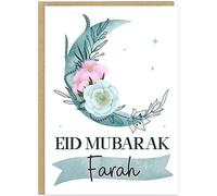 Islamic Eid al-Fitr Celebration Card | Personalised Floral Moon Designs | Custom Add Own Name Eid Mubarak Greeting Cards | Arabic Muslim Family Keepsake Gift (Teal & Pink)