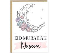 Islamic Eid al-Fitr Celebration Card | Personalised Floral Moon Designs | Custom Add Own Name Eid Mubarak Greeting Cards | Arabic Muslim Family Keepsake Gift (White & Pastel)