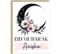 Islamic Eid al-Fitr Celebration Card | Personalised Floral Moon Designs | Custom Add Own Name Eid Mubarak Greeting Cards | Arabic Muslim Family Keepsake Gift (Black & Pink)