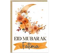 Islamic Eid al-Fitr Celebration Card | Personalised Floral Moon Designs | Custom Add Own Name Eid Mubarak Greeting Cards | Arabic Muslim Family Keepsake Gift (Orange)
