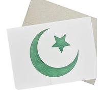 Islamic Greeting Card with Envelope (7X5 Inches and Blank Inside for All Occasions) Artistic Modern Minimalist Green Crescent Moon and Star Islamic Card