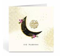 Islamic Moments: Eid Mubarak Card in Cream with Black & Gold Coloured Crescent Moon