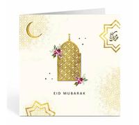 Islamic Moments: Eid Mubarak Card in Cream with Golden Arched Window Grille