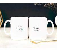 Islamic Moments Half His Deen & Half Her Deen Minimalist Wedding Gift Mug Set - Two 10oz White Ceramic Coffee Cups with Blue & Pink Hearts - Anniversary & Nikah Couple Gift