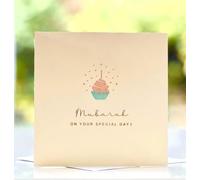 Islamic Moments "Mubarak On Your Special Day Luxury Greeting Card - Rose & Co Collection - Cream with Gold Hot Foil Cupcake & Stars - 150mm Square Linen Embossed Board - Made in Britain