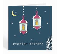 Islamic Moments: Ramadan Mubarak Greeting Card in Navy with Lanterns, Crescent Moon and Stars - New Blue Dome Range for Sawm and Eid Celebrations as Well as Islamic Gifts