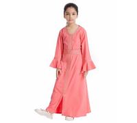 Islamic Prayer Outfit Set for Girls Long Sleeve Abaya Maxi Kaftan Dress Modest Muslim Clothing for Ramadan Eid, Girls Prayer Dress Watermelon Red