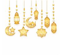 Islamic Wall Art Decor with Moon & Star Garland Banner, Umrah Mubarak Decoration Set, Gold Hanging Decor for Home, Party, Eid, Muslim Celebration Supplies