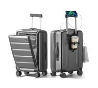 ISLAND ELEPHANT 20 IN Carry On Luggage 22x14x9 Airline Approved - Front Pocket Hardside Travel Suitcase Unbreakable -with Cup Holder,Charging Port,Side Pothook, 360°Spinner Wheels, TSA Lock-Grey,